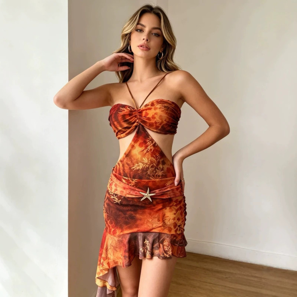 Halter Neck Cutout Waist Cinching Mini Bodycon Dress Starfish Ruffle Beach Print